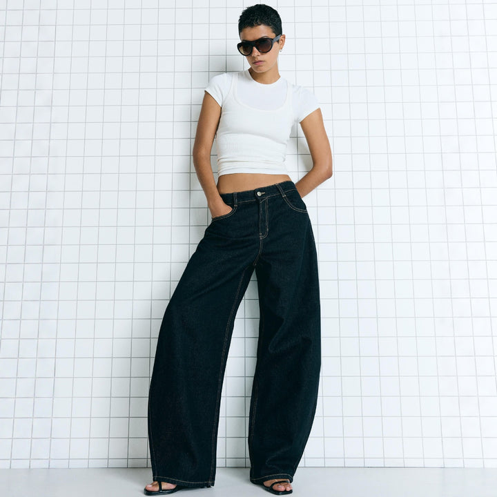 Women's high waist palazzo denim with wide leg and clean five-pocket design Mune Fashion