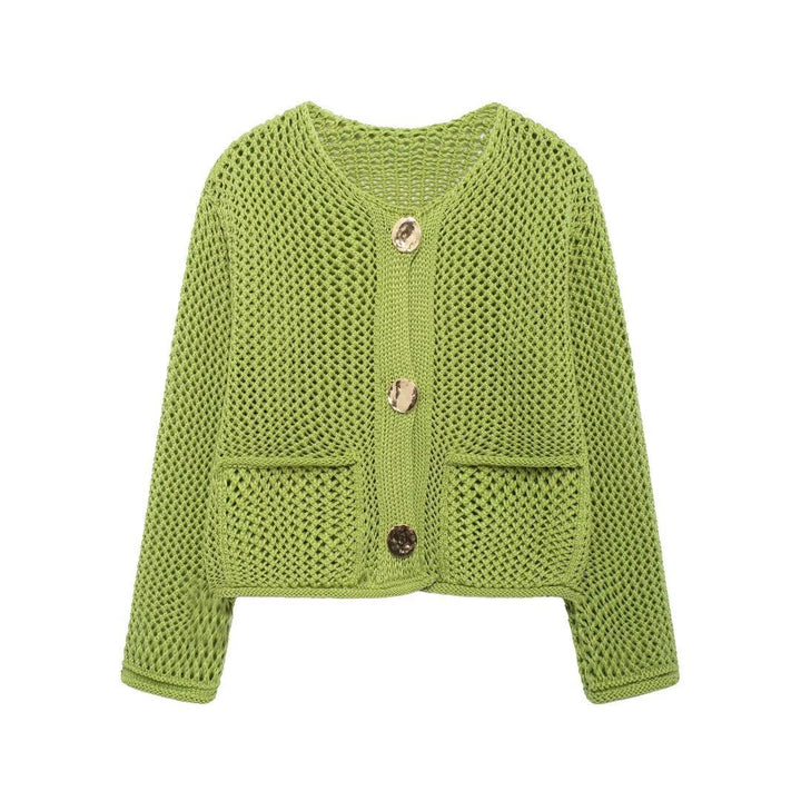 Women's cardigan with open mesh structure, decorative buttons and patch pockets Mune Fashion