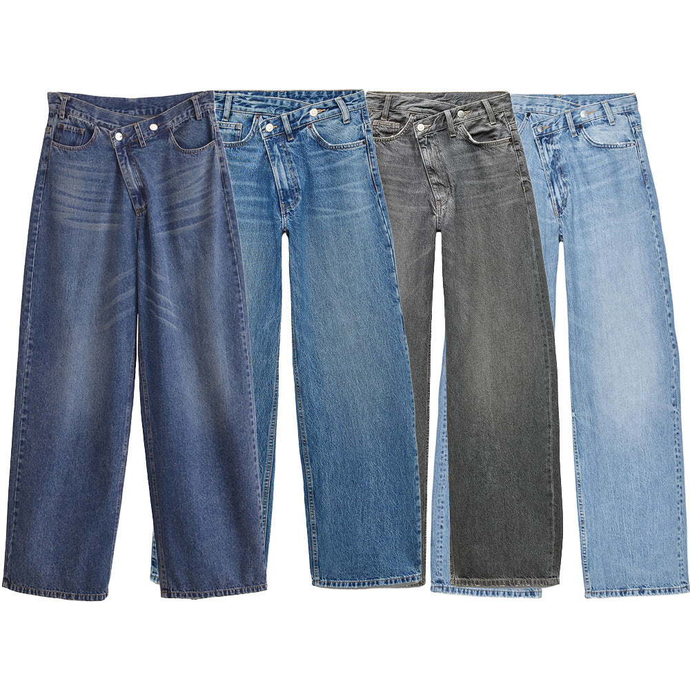 Women's high-waisted wide denim jeans with asymmetric waistband and culotte cut Mune Fashion