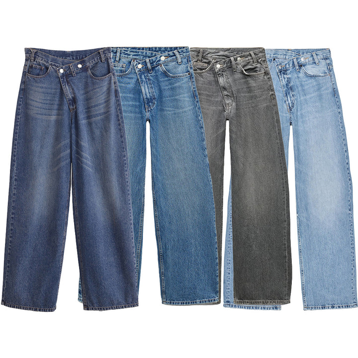 Women's high-waisted wide denim jeans with asymmetric waistband and culotte cut Mune Fashion