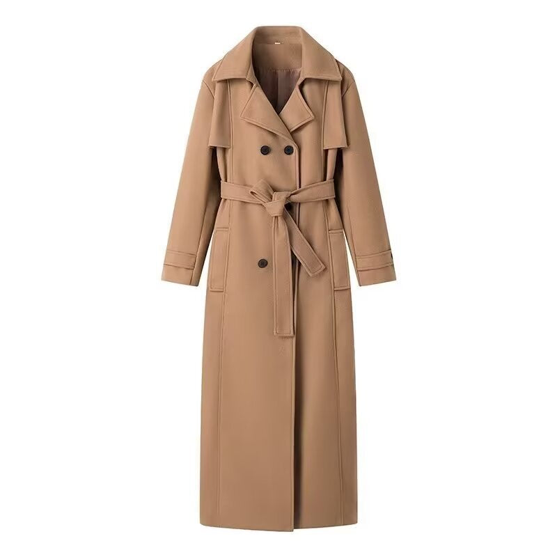 Women's Double-Breasted Maxi Length Trench Coat with Tie Belt and Cape Overlay Mune Fashion
