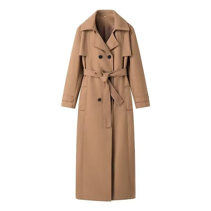 Women's Double-Breasted Maxi Length Trench Coat with Tie Belt and Cape Overlay Mune Fashion
