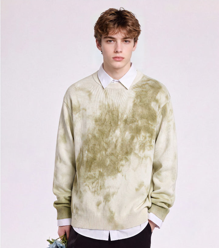 Men's Oversized Knit Sweater with Tie-Dye Look, Round Neck and Ribbed Cuffs Mune Fashion