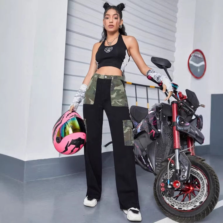 Women High-Waist Utility Jeans with Camouflage Panels and Patch Cargo Pockets Mune Fashion