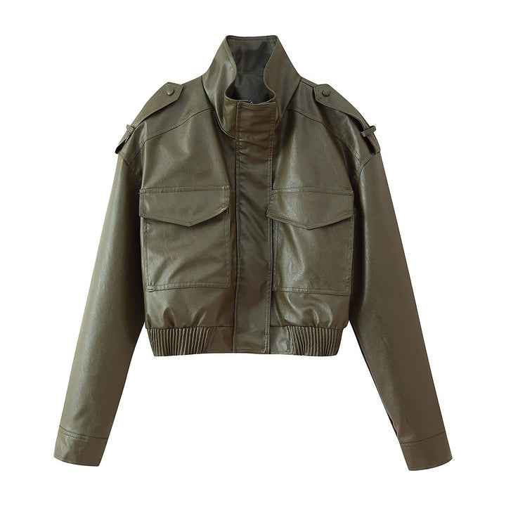 Women's short cut blouson jacket made of vegan leather with shoulder flaps and flap pockets Mune Fashion