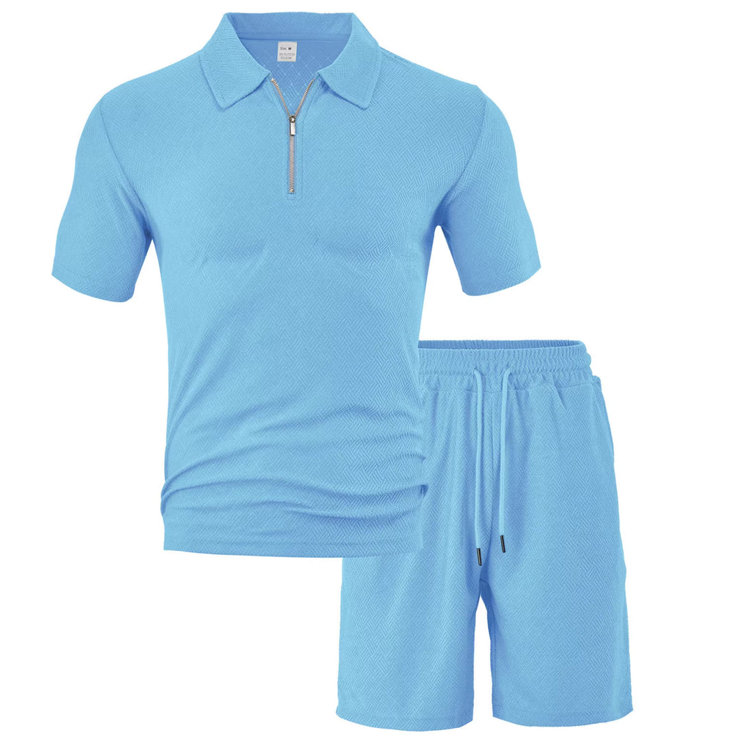 Men's comfortable short sleeve half zip set with polo collar and elastic cord pants made of textured knit Mune Fashion