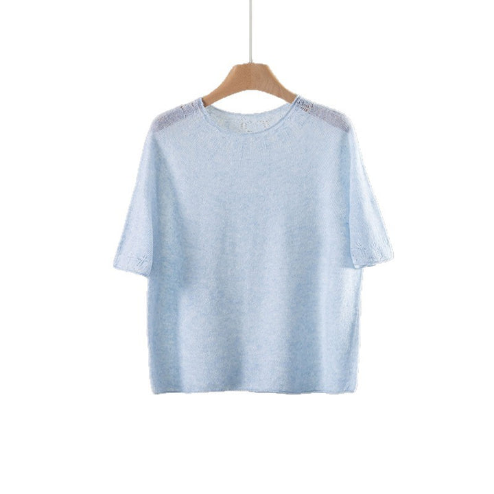 Ladies Lightweight Fine Knit Top with Half Sleeves, Round Neck and Fine Lace Pattern Mune Fashion