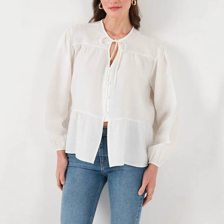 Women's loose-fitting cotton blouse with ruffle tier and tie collar Mune Fashion