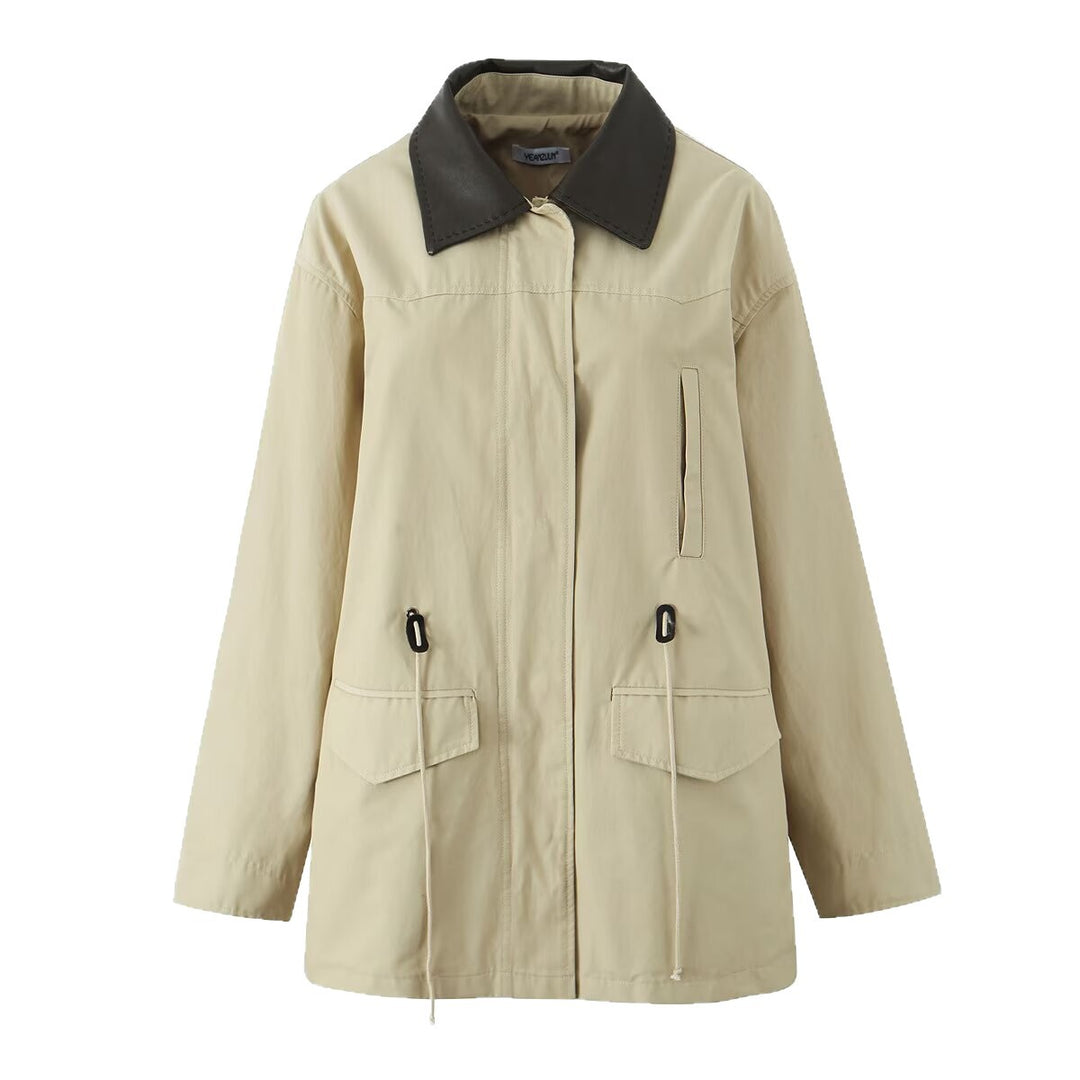 Women Oversized Transitional Jacket with Contrast Collar and Drawstring Mune Fashion