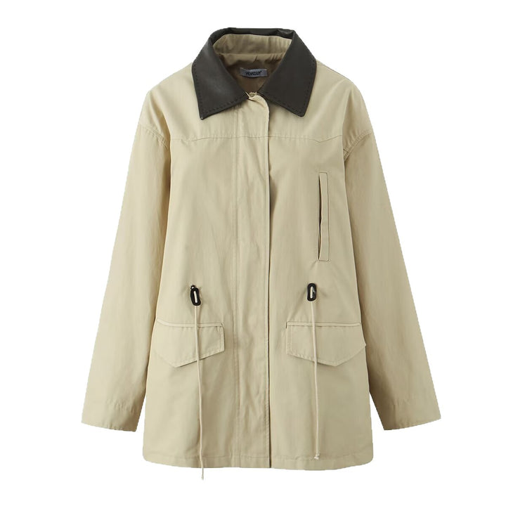 Women Oversized Transitional Jacket with Contrast Collar and Drawstring Mune Fashion