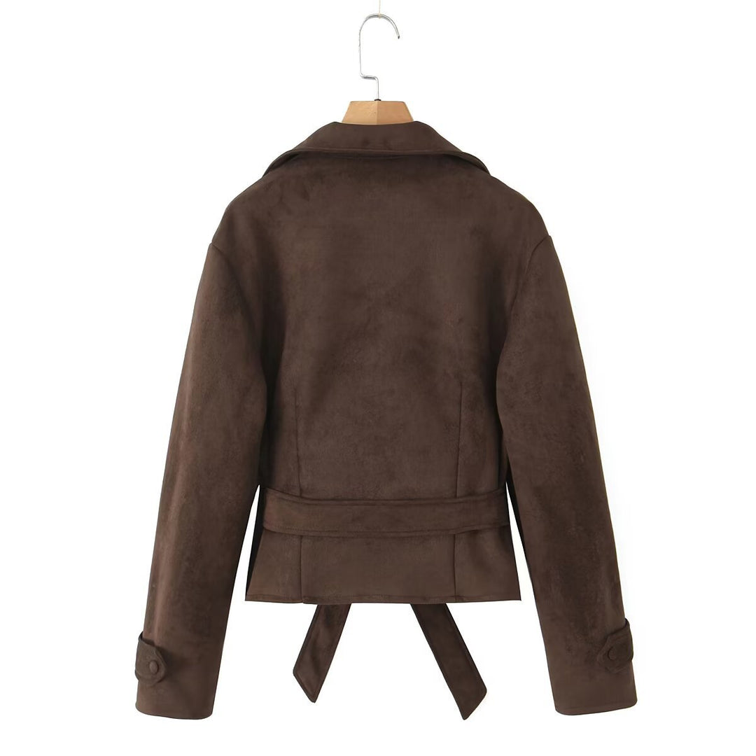 Women's Short Suede Look Jacket with Waist Belt and Lapel Collar Mune Fashion