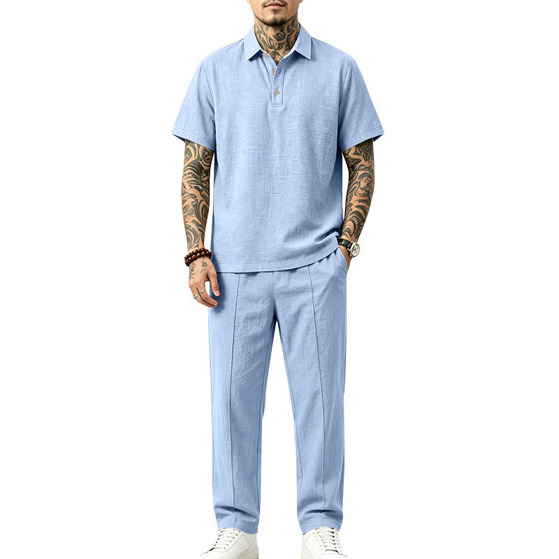 Men's Lightweight Linen Look Loungewear Set with Polo Collar and Pleats Mune Fashion