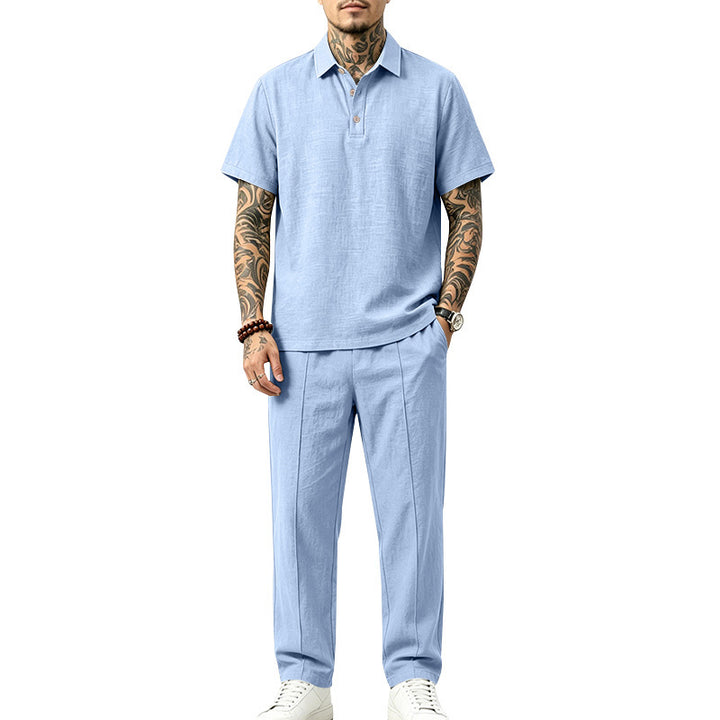 Men's Lightweight Linen Look Loungewear Set with Polo Collar and Pleats Mune Fashion