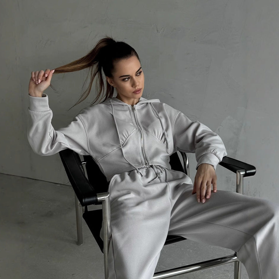 Women's two-piece cropped hoodie set with wide waistband pants cut and fitted zip Mune Fashion