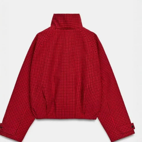 Women's Cropped Bomber Jacket with Stand-up Collar, Check Pattern and Elastic Hem Mune Fashion