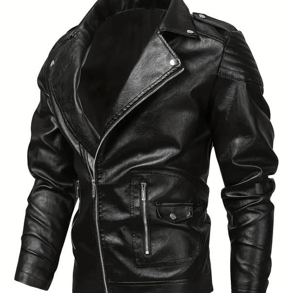 Men's Asymmetrical Biker Jacket made of Faux Leather with Quilted Shoulder Padding and Utility Pockets Mune Fashion