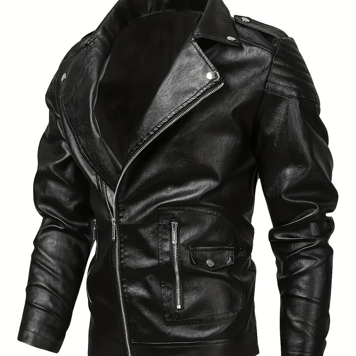 Men's Asymmetrical Biker Jacket made of Faux Leather with Quilted Shoulder Padding and Utility Pockets Mune Fashion