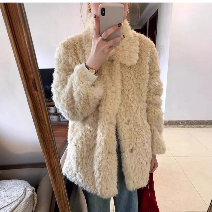 Women's Short Teddy Faux Fur Coat with Full Collar and Boxy Silhouette Mune Fashion