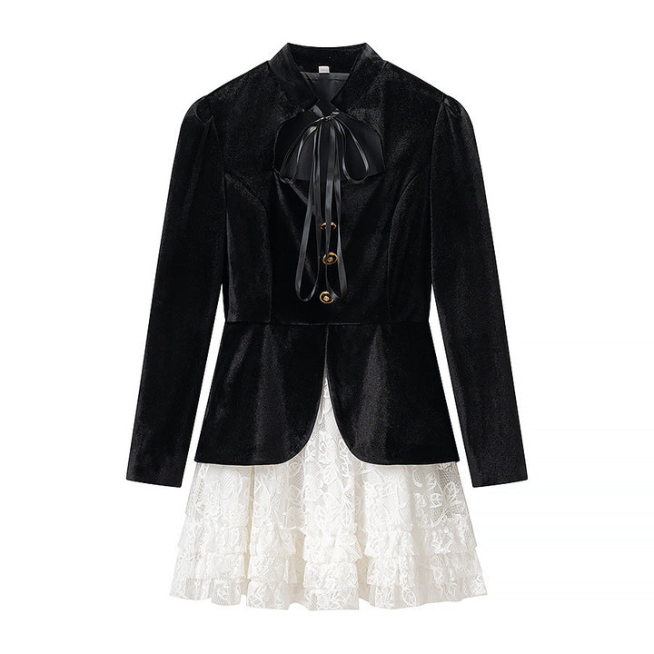 Women's Velvet Mini Dress with Bow Collar, Decorative Button Placket and Layered Lace Skirt Mune Fashion