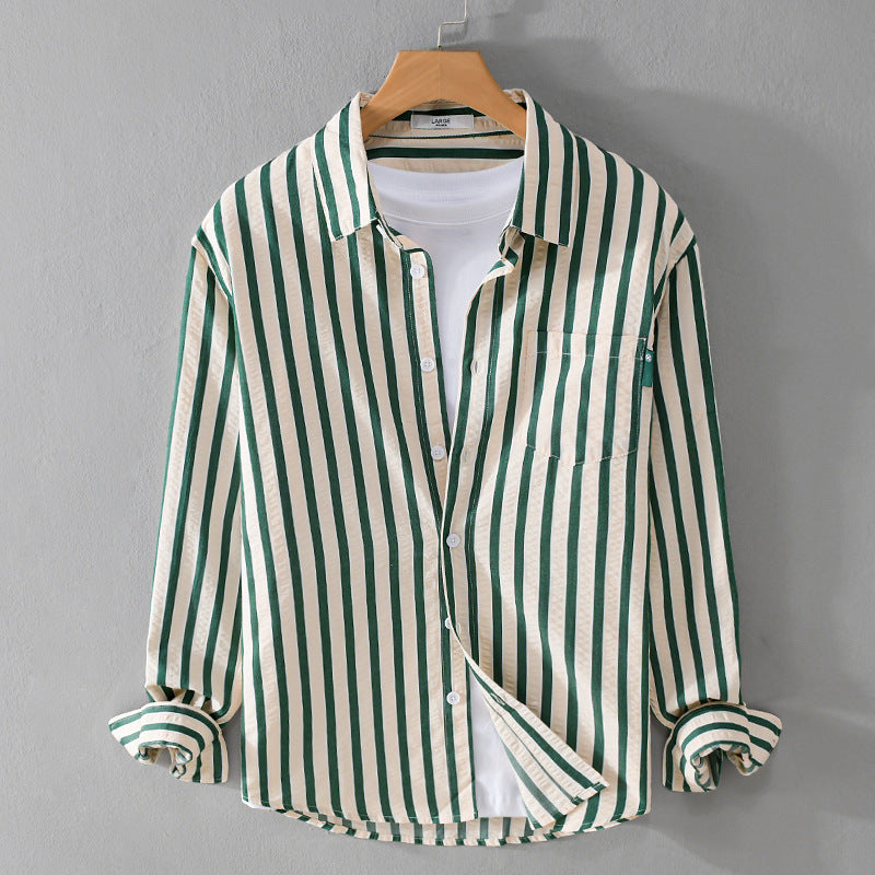 Men's Loose Shirt in Vertical Stripe Pattern made of Lightweight Cotton Blend with Kent Collar and Chest Pocket Mune Fashion
