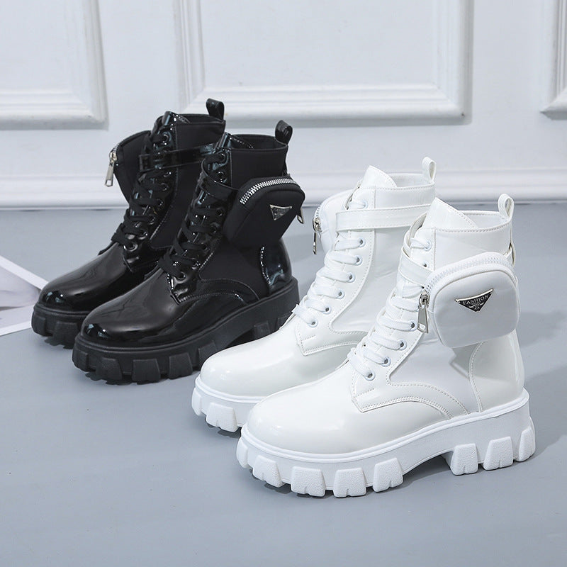 Ladies' lace-up mid-calf boot in utility style with detachable mini pouch and platform profile sole Mune Fashion