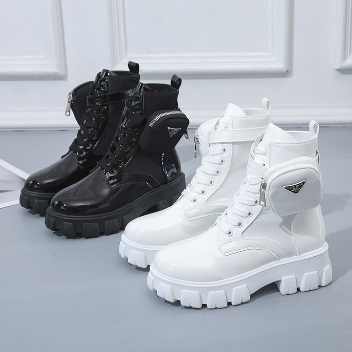 Ladies' lace-up mid-calf boot in utility style with detachable mini pouch and platform profile sole Mune Fashion