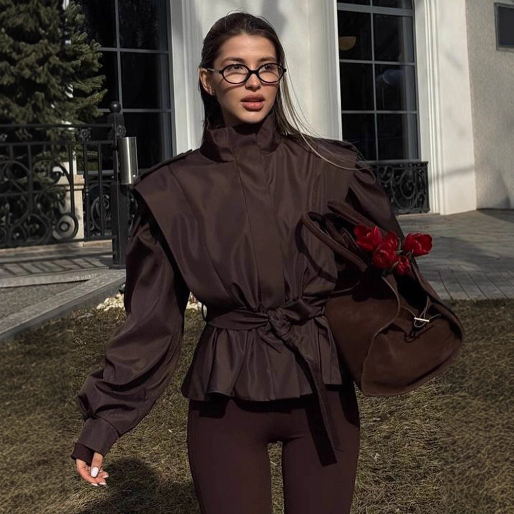 Women's Tailored Peplum Jacket with Tie Belt and Voluminous Sleeves Mune Fashion