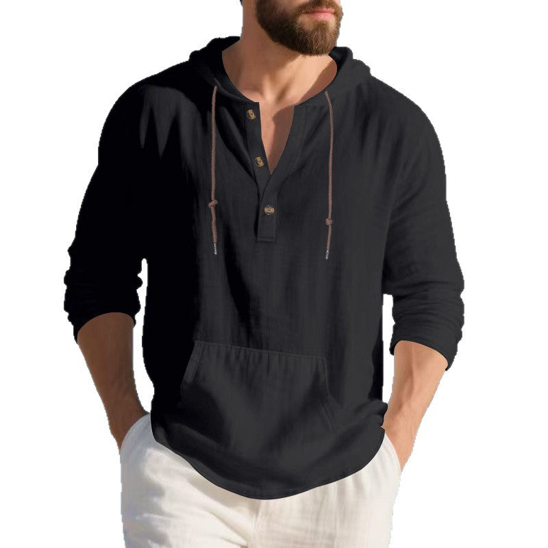 Men's lightweight linen Henley hoodie top with kangaroo pocket and casual relaxed fit Mune Fashion