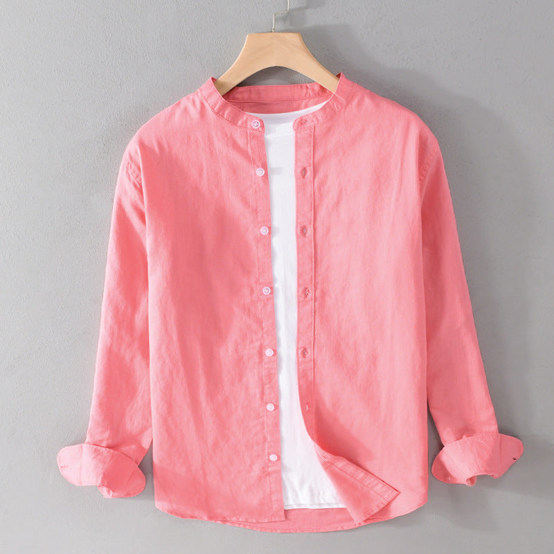 Men's Lightweight Linen Blend Stand Collar Shirt in Relaxed Fit with Full Button Placket Mune Fashion