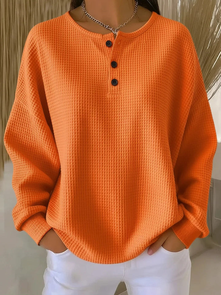 Women's Oversized Waffle Knit Henley Sweater with Button Placket and Rounded Hem Mune Fashion