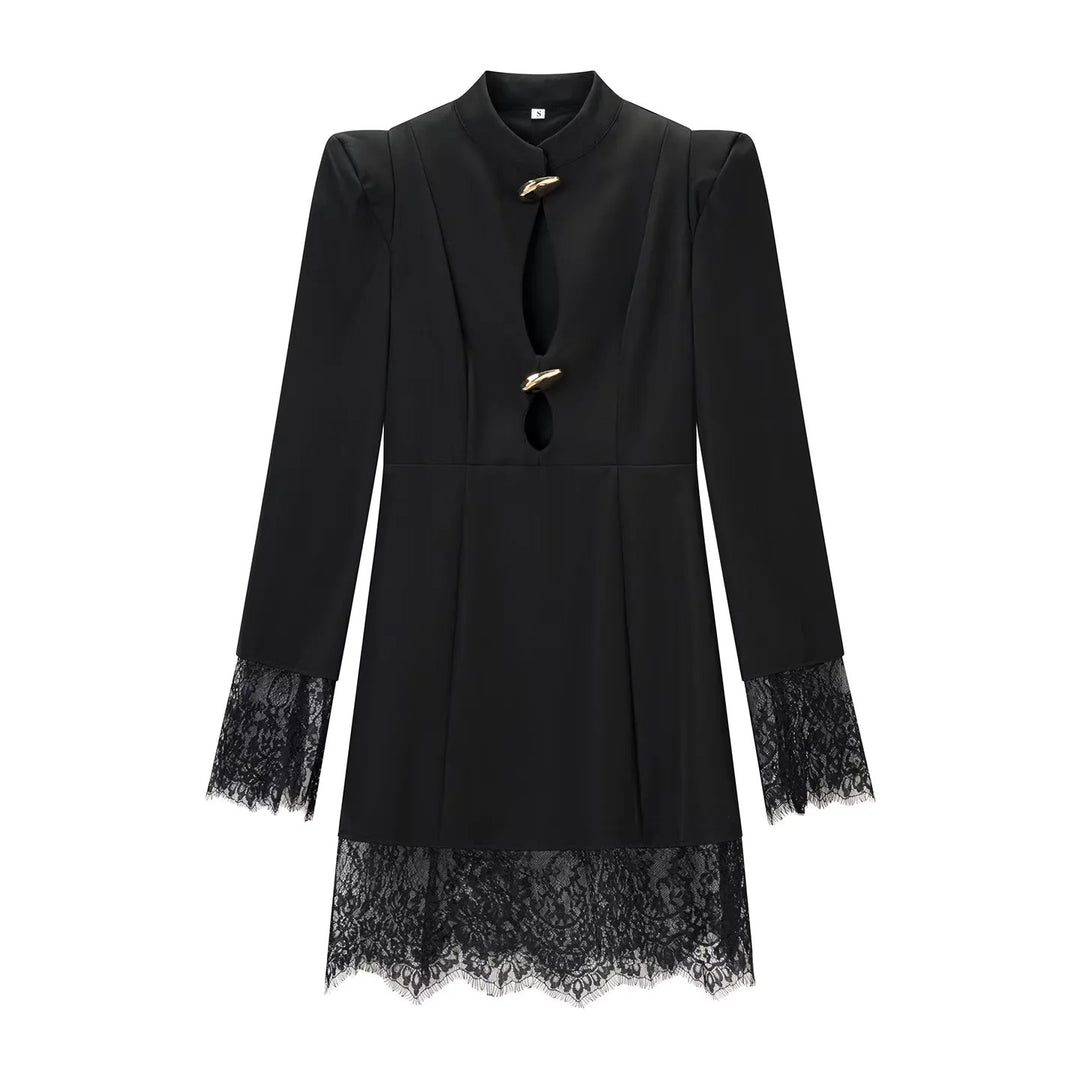 Women's midi dress with stand-up collar, cut-out front, gold decorative fasteners, and lace trim Mune Fashion