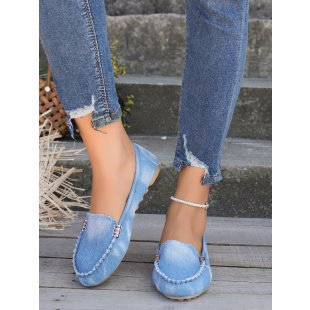 Women's casual denim moccasin slippers with elastic entry and non-slip rubber sole Mune Fashion
