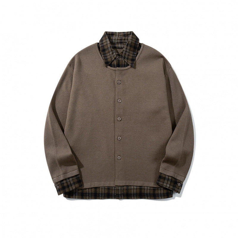 Unisex Layering Set made of checked blouse and open knit cardigan Mune Fashion