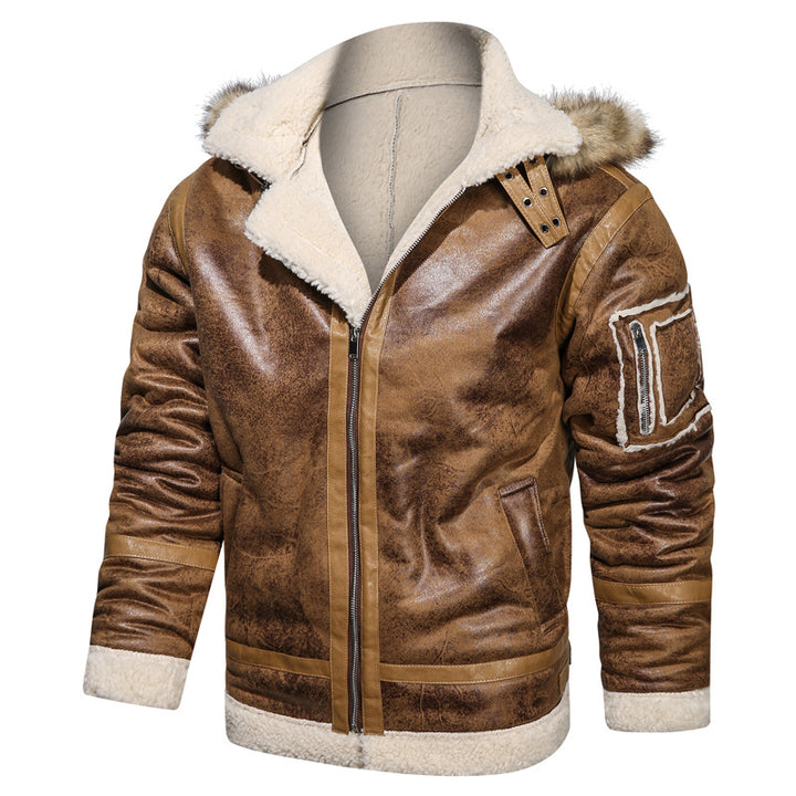 Men's aviator jacket made of vintage leather look with teddy lining and hood Mune Fashion
