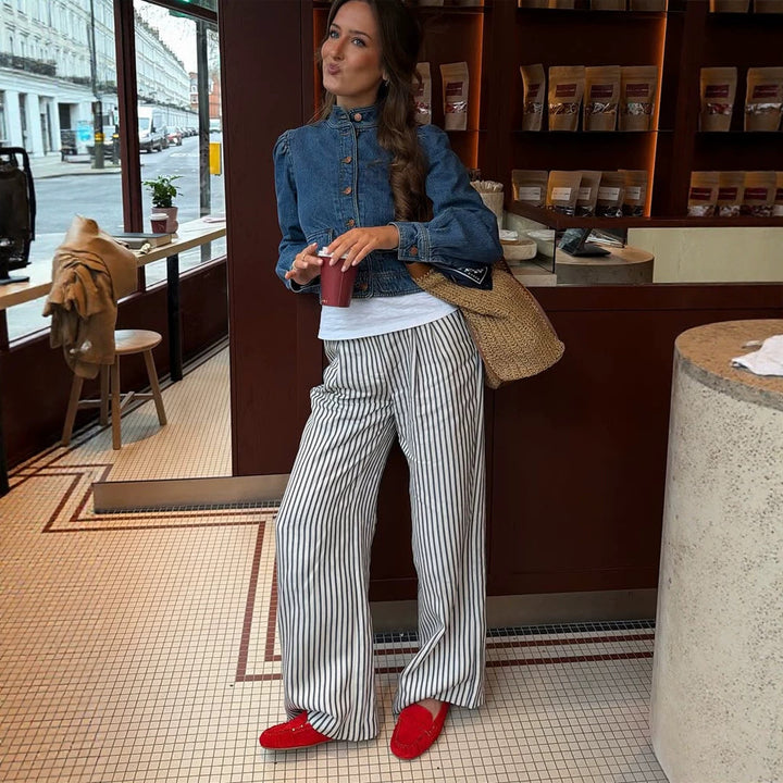 Women Wide Striped Palazzo Pants with High Waist and Flowing Viscose Quality Mune Fashion