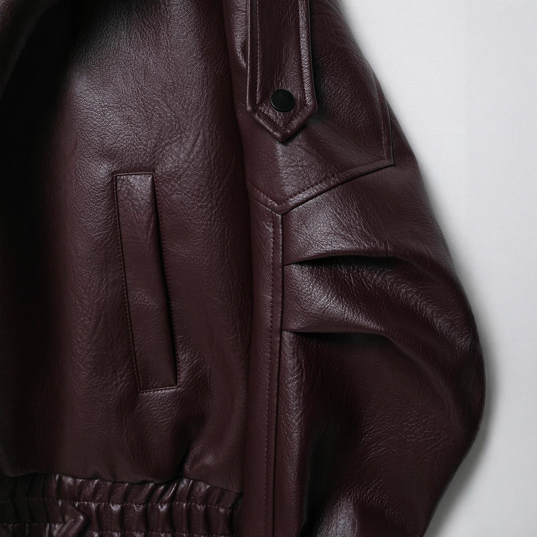 Women Oversized Leather Jacket in Bomber Style with Waist Belt Mune Fashion