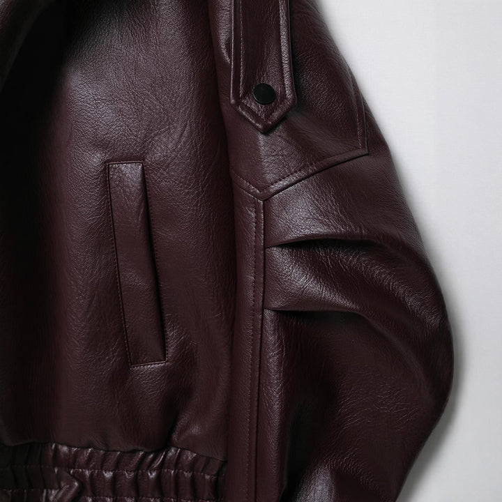Women Oversized Leather Jacket in Bomber Style with Waist Belt Mune Fashion