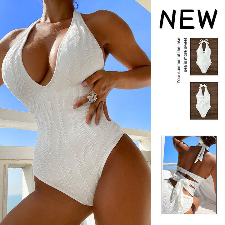 Women's One-Piece Swimsuit with Deep V-Neck and Textured Surface Mune Fashion