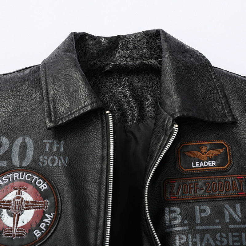 Men's pilot bomber jacket in aviator look made of synthetic leather with appliqués and ribbed cuffs Mune Fashion