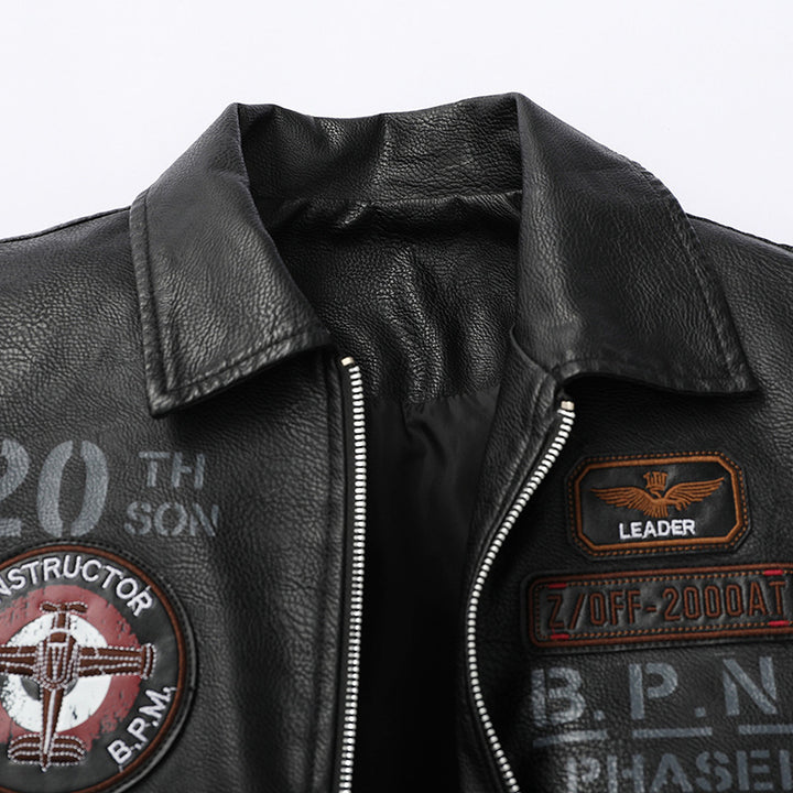 Men's pilot bomber jacket in aviator look made of synthetic leather with appliqués and ribbed cuffs Mune Fashion