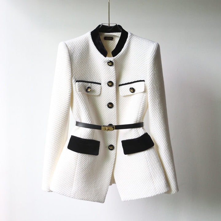 Ladies Elegant Boucle Blazer Jacket with Velvet Trim and Waist Belt Mune Fashion