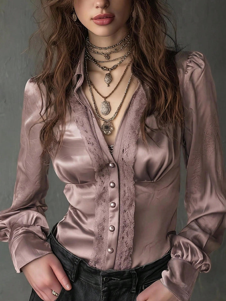 Women Tailored Satin Blouse with Lace Yoke, Button Placket and Puff Sleeves Mune Fashion