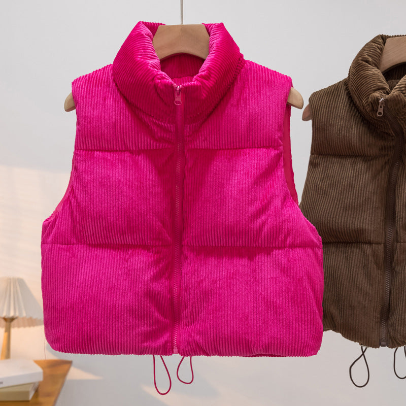 Women's padded cord quilted vest with stand-up collar and drawstring Mune Fashion