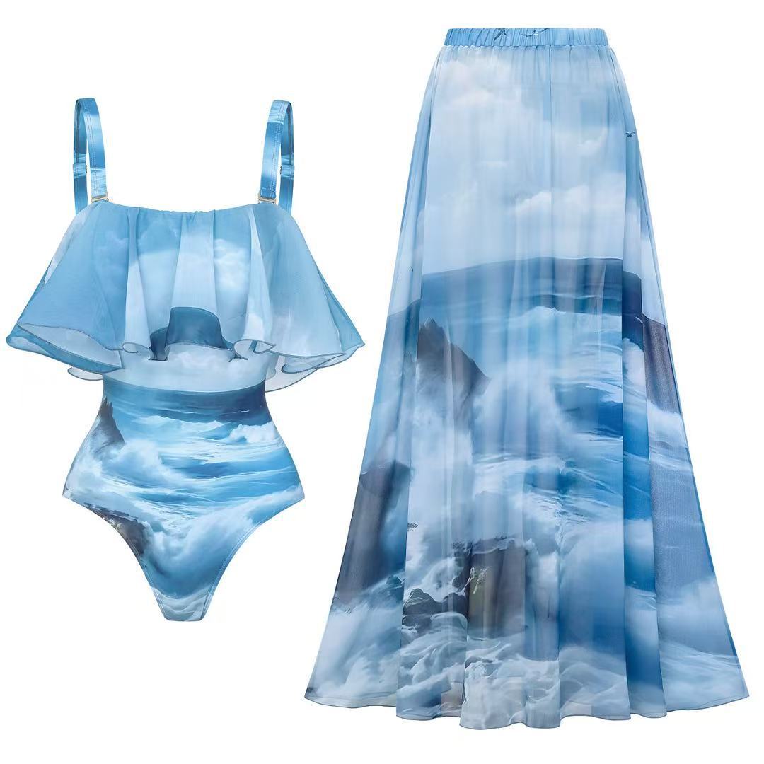 Ladies swimsuit with accompanying ruffle skirt and maritime motif Mune Fashion
