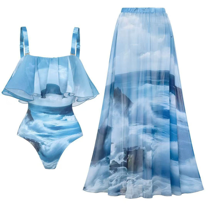 Ladies swimsuit with accompanying ruffle skirt and maritime motif Mune Fashion