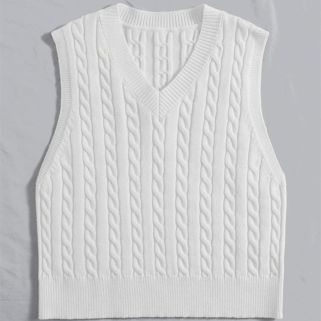 Ladies' Knit Vest with V-Neck and Cable Pattern Mune