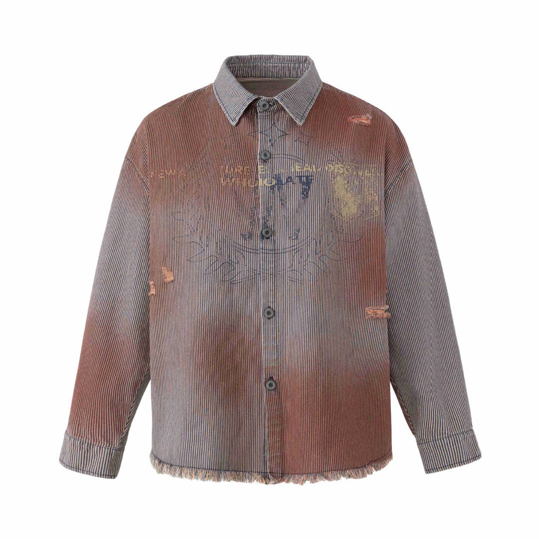 Women's overshirt jacket made of striped denim with fringes and used details Mune Fashion