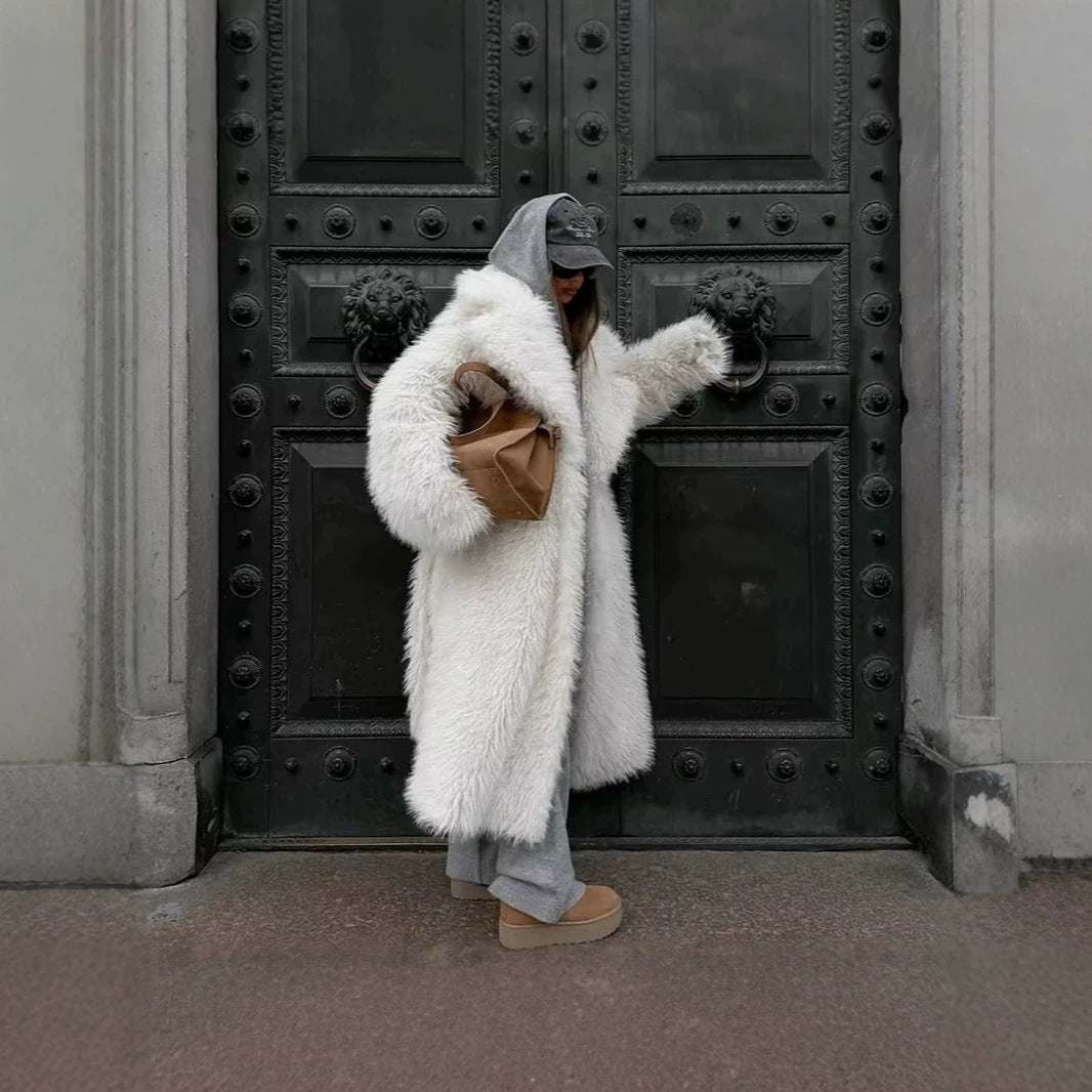 Women’s Maxi Faux Fur Coat with Voluminous Shawl Collar and Wrap Belt Mune Fashion