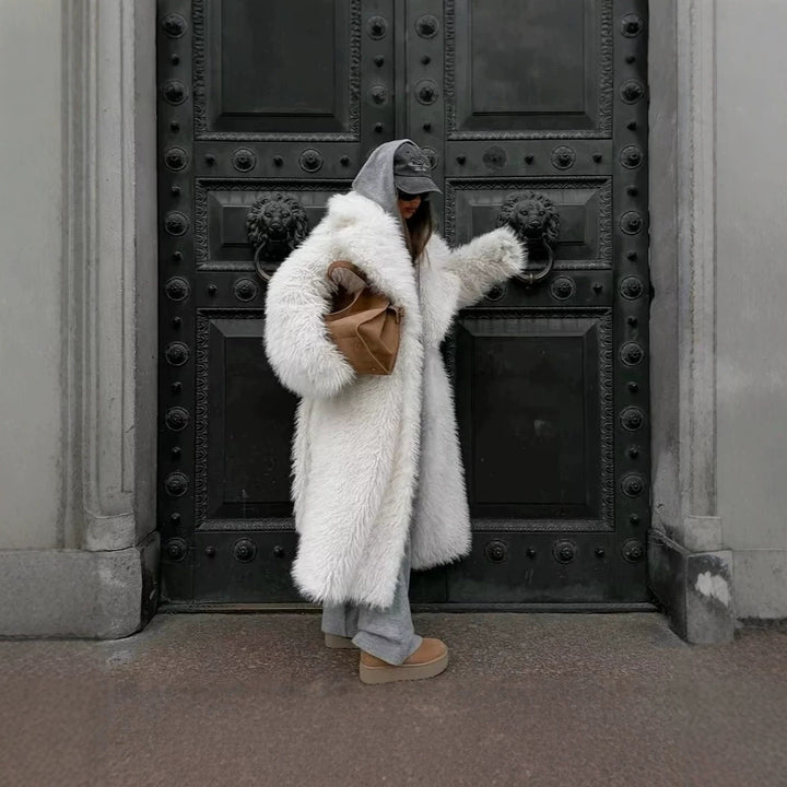 Women’s Maxi Faux Fur Coat with Voluminous Shawl Collar and Wrap Belt Mune Fashion