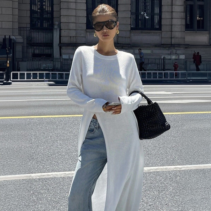 Women's Long Fine Knit Tunic Sweater with High Side Slit Mune Fashion